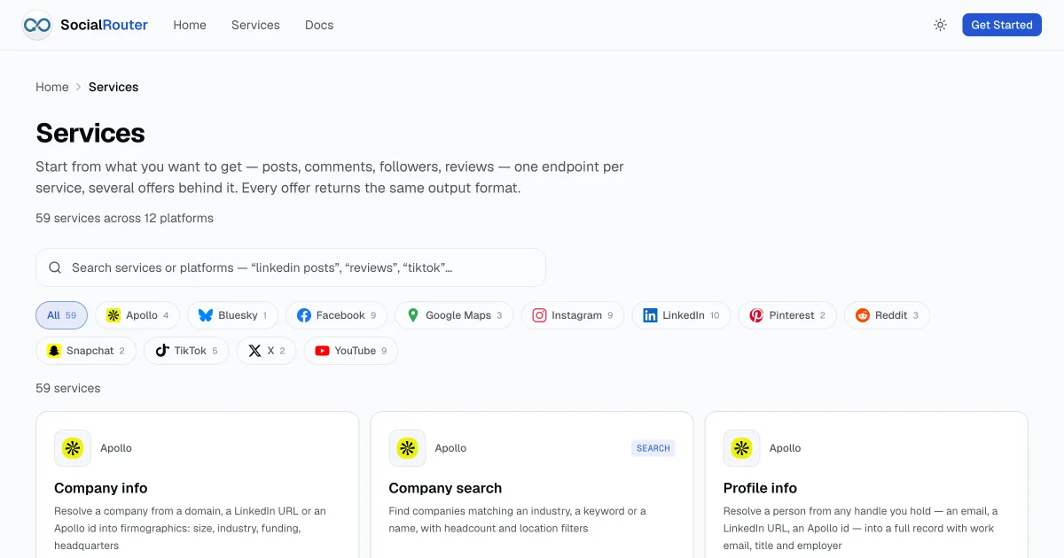 SocialRouter services catalogue: social data endpoints across 12 networks